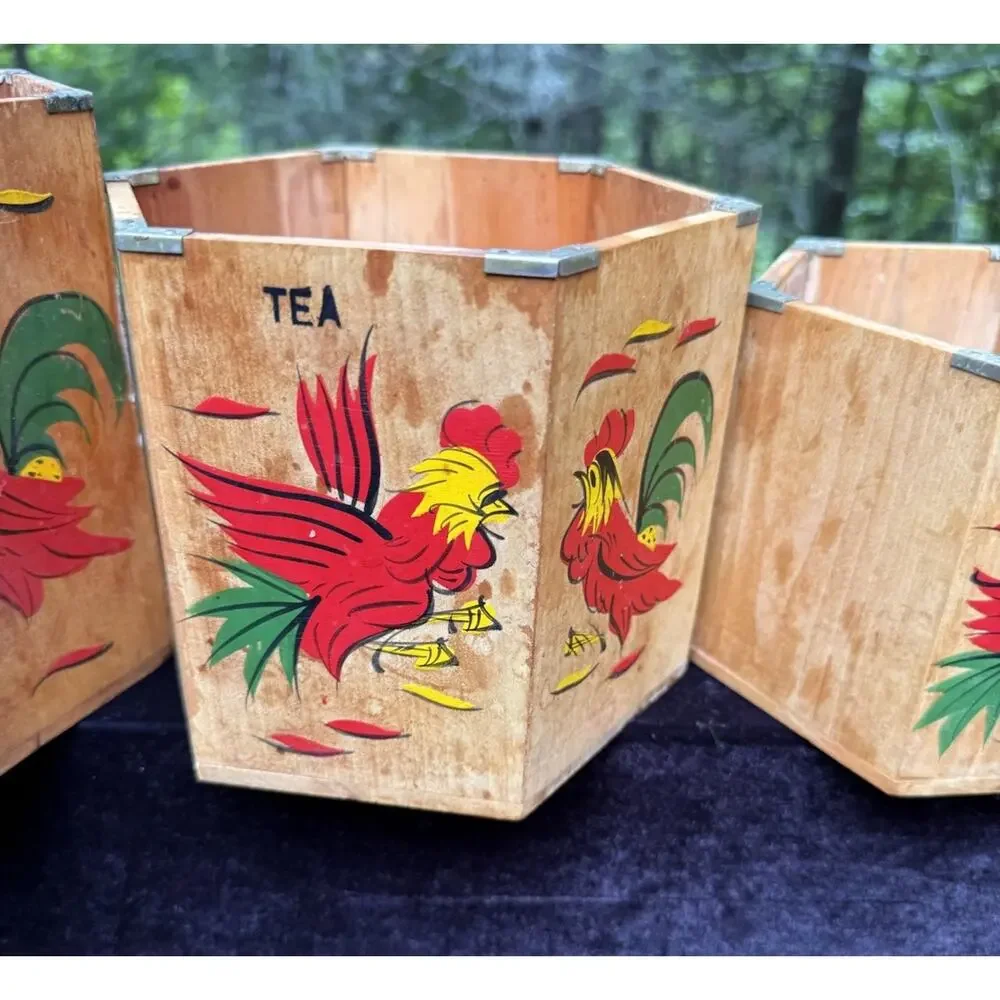 4 MCM 1960’s Japan Betson's Wood Rooster Hexagon 6-Sided Nesting Canisters
